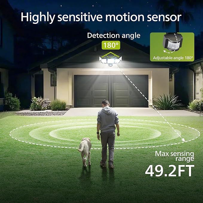 Philips Solar Security Light Outdoor 302 LED 1200lm，Solar-Powered Waterproof Wall-Mounted Flood Light w/PIR Motion Sensor, 3 Heads, IP65 Waterproof, 3 Modes 6 Packs