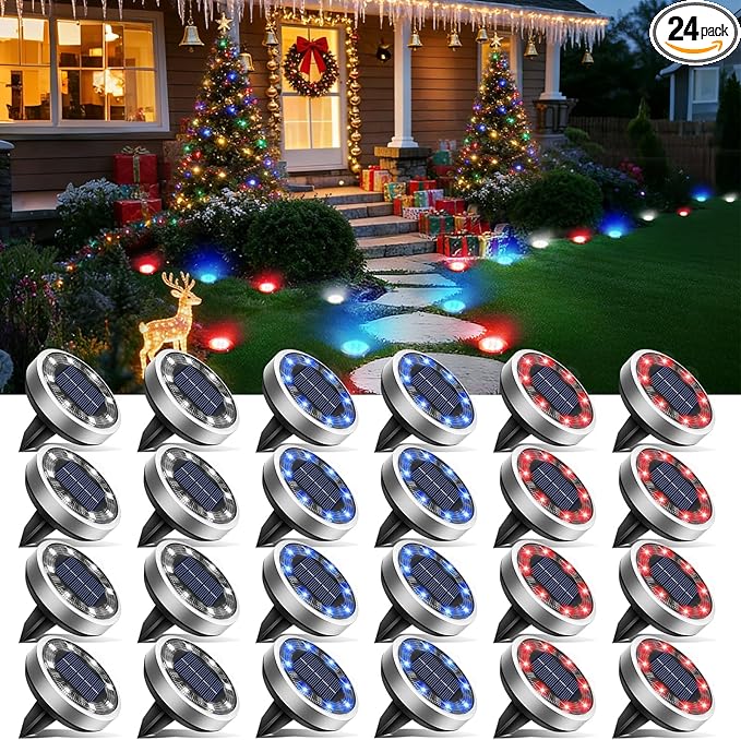 btfarm 24 Pack Solar Lights Outdoor, 8 LED Solar Ground Lights IP65 Waterproof Flat Solar Disc Light, Pathway Lights for Garden Lawn Yard Christmas Decorations, Red+Blue+Cool White