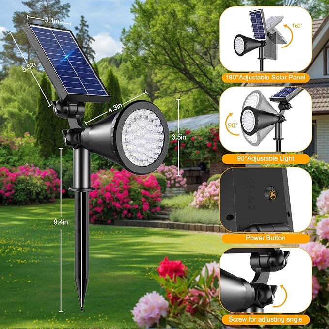 Solar Spot Lights Outdoor, 36 LEDs Solar Landscape Lighting with 2200mAh, Outdoor Lights Auto On/Off 2-in-1 Wall or Ground Solar Powered for Yard Garden- 2 Pack (Warm White)