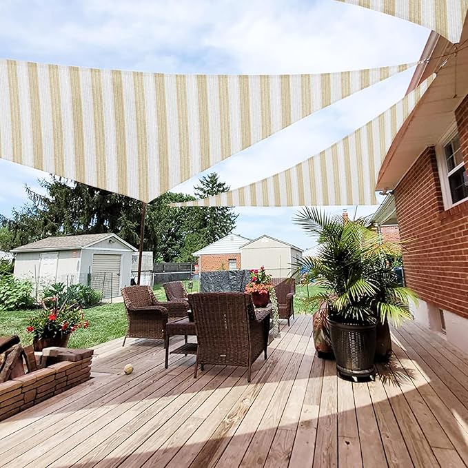 Patio Paradise 20' x 20' x 20' Sun Shade Sail Triangle Canopy Shade Cloth Fabric Sunlight Block Patio Pergola Cover HDPE Deck Awning for Outdoor Backyard Roof Shading, Beige White Strip