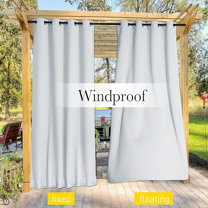 NICETOWN 2 Panels Outdoor Curtains for Patio Waterproof Extra Long 120", Windproof Thermal Insulated Top & Bottom Grommet & Back Tab Blackout Porch Drapes with Rope for Fixed, Greyish White, 52" Wide