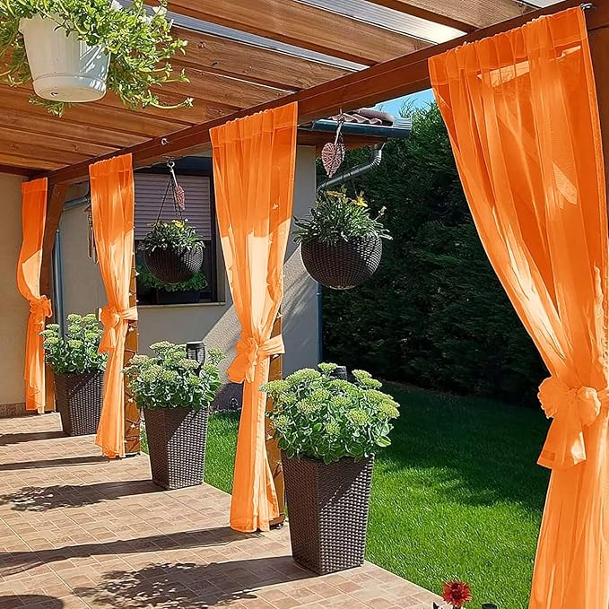 SpaceDresser Waterproof Outdoor Sheer Curtains for Patio - 2 Panels Rod Pocket Indoor Voile Sheer Curtain for Living Room,52W x 120L inch,Orange