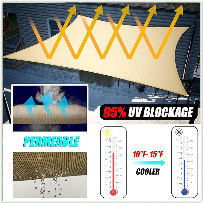 Amgo 14' x 14' x 14' Beige Triangle Sun Shade Sail Outdoor Canopy Awning UPF50+ AGTAPRT12, 95% UV Blockage, Water & Air Permeable, Commercial Standard Heavy Duty (We Make Custom Size)