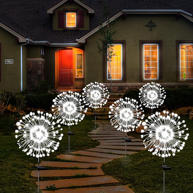 OriginalSourcing Solar Garden Firework Lights Outdoor Waterproof,4 Pack Solar Powered Art Stake Twinkle Lighting Outside Decor,180 LED Sparklers String Lights Yard Pathway Decorations(White)