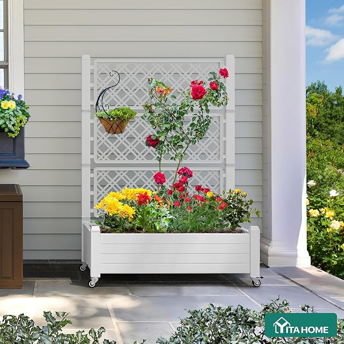 YITAHOME 3.6x1.5x5 FT Planter Box Trellis with Wheels, Large Outdoor Plastic Raised Garden Bed with Drain Plug for Climbing Plants, Grayish-White