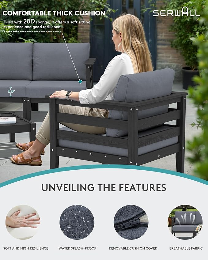 SERWALL HDPE Patio Furniture Set, 4 Pieces Outdoor Sectional Sofa Set, All-Weather Wood-Like Outdoor Sofa Couch with Coffee Table for Deck, Lawn, Black Frame with Grey Cushion