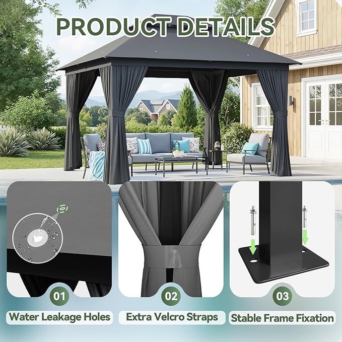 Aoxun 10x12 Outdoor Gazebo with 50FT LED Hanging Lights Metal Frame Canopy with Double Roofs Heavy Duty Party Tent and Shelter with Mosquito Netting and Privacy Screen for Backyard, Lawn, Garden(Gray)