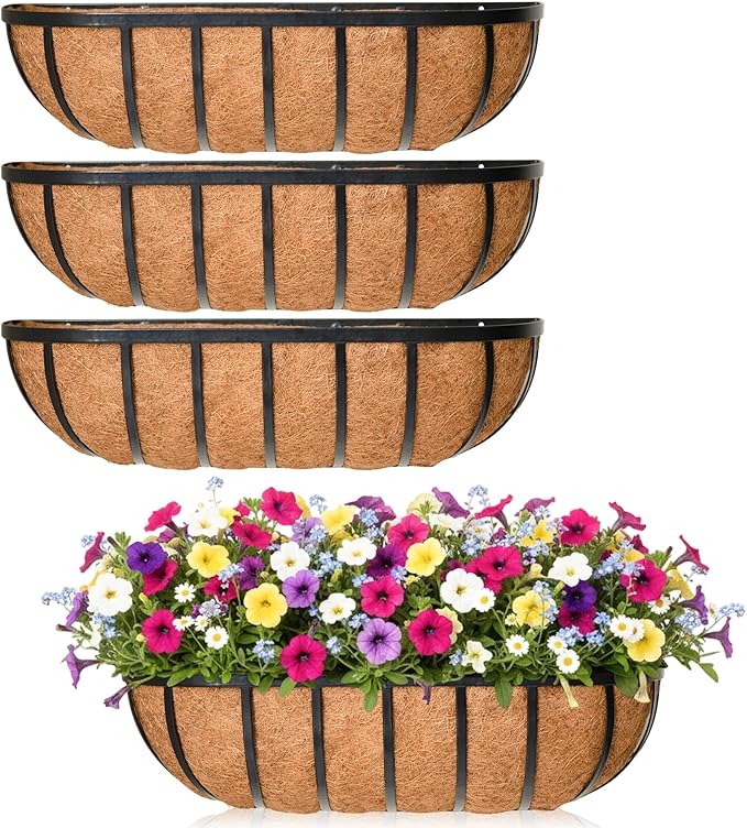 36'' Window Box Railing Planter with Coco Liner,4 Pack Horse Trough Planters Black Metal Hanging Flower Planters Basket for Porch Fence Patio Indoor Outdoor Lawn