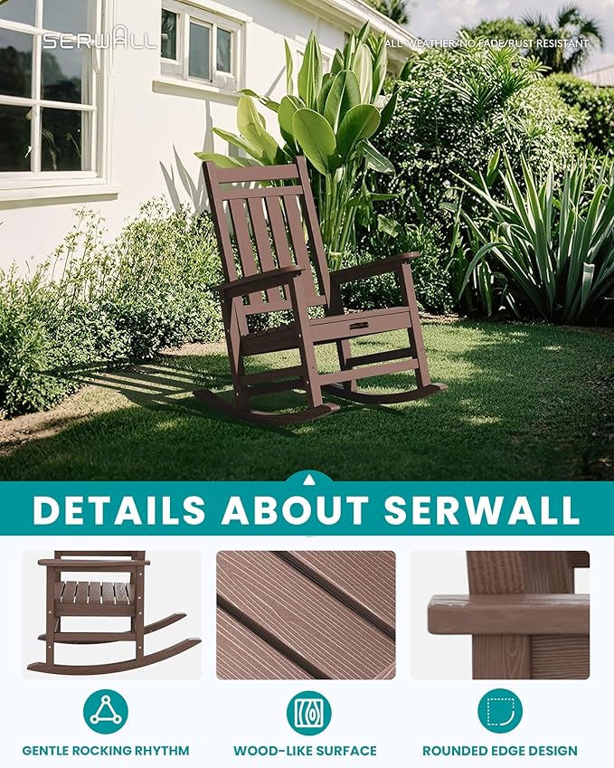 SERWALL Oversized Outdoor Rocking Chair Set of 4, HDPE Rocker for Adults, Patio Rocking Chairs for Porch, Coffee