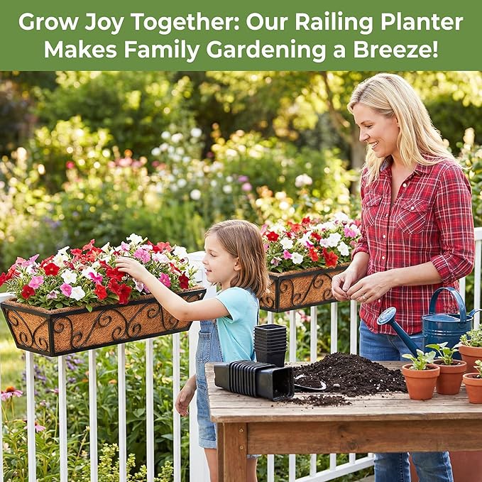 2pcs 24 Inch Window Deck with Coco Liner, 24" Window Boxes Horse Trough with Coconut Coir Liner, Metal Hanging Flower Planter Window Basket Deck Railing Planter Boxes for Outdoor Indoor Lawn