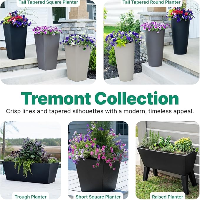 Step2 Tremont Tall Square Tapered Planter, 28", Indoor/Outdoor Plants, Efficient Drainage, Durable Resin, Concrete