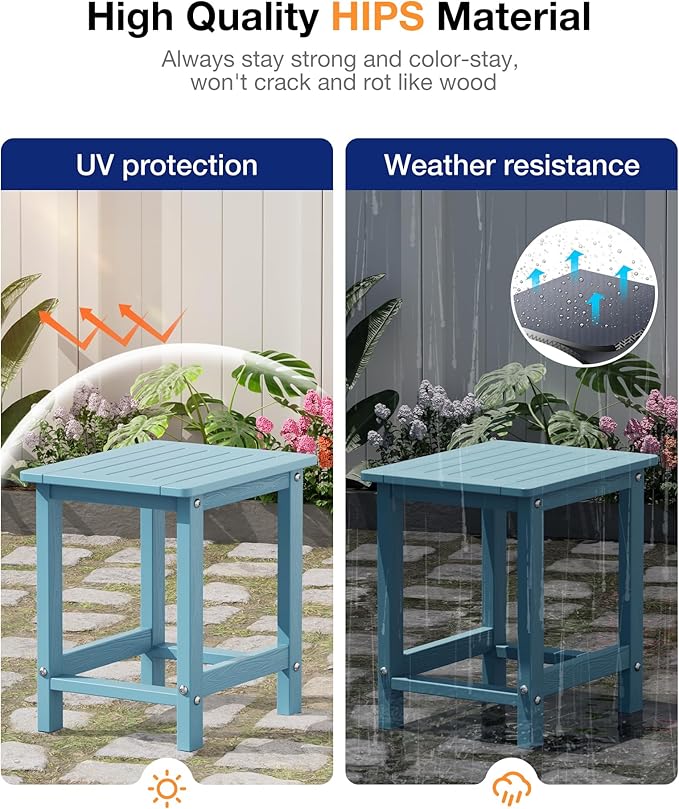 YEFU Outdoor Side Table for Patio: 16" HIPS Weather - Resistant Adirondack Tables - Waterproof Small Square End Tables for Backyard Pool Porch Balcony - Indoor Outdoor Durable Table Blue