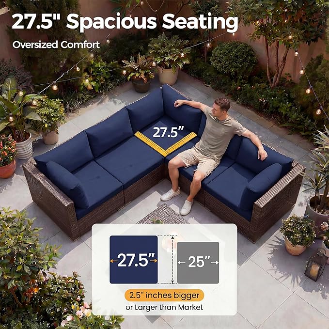 NICESOUL Large Size 9 Pcs Outdoor Patio Sectional Sofa Set with Firepit Natural Gas/Propane, 29.3'' High Back Conversation Sectional Couch Sets Deep Wide Sitting, Brown Rattan and Navy Blue Cushion