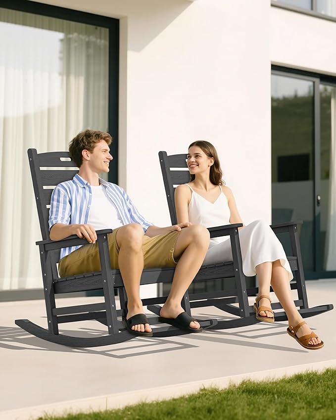 SERWALL Outdoor Rocking Chair, Oversized Rocking Chair with Footrest for Adults, HDPE All Weather Resistant Rocking Chairs for Patio, 350lbs Weight Capacity, Gray