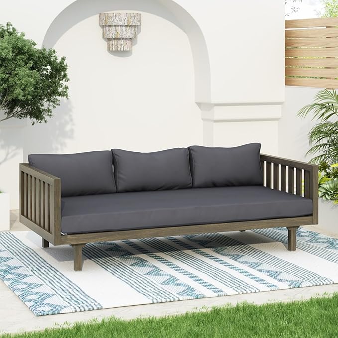 Merax Solid Acacia Wood Couch Chaise Lounge Chair Indoor, 3 Seater Daybed Sofa Couches with Cushions & Pillow, Heavy Frame Day Bed for Living Room, Office, Outdoor, Balcony, Patio, Water Resistant