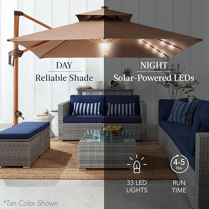 Best Choice Products 10ft Square Cantilever Patio Umbrella w/Base Included, Woodgrain Pattern Pole & Solar LED Lights, 360-Rotation, Offset Hanging Outdoor Shade - Gray