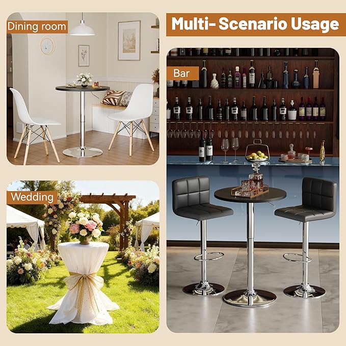 Flamaker Round Bistro Pub Table 23.6 Inch Height Adjustable 360° Swivel Bar Table Metal Base for Pub, Dining Room, Party (2, Black-Silver)