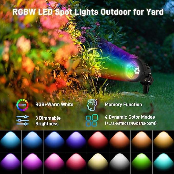 Christmas RGBW Landscape Spotlight,12W RGBW Color Changing Outdoor Spot Lights for Yard, Low Voltage LED Landscape Spotlight with Remote Control, IP65 Waterproof Yard Spotlgiht for Garden, 4 Pack