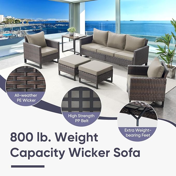 Belord 6 Piece Outdoor Furniture Patio Wicker Sofa Set, Oversize Outdoor Swivel Rocker Chairs with Rattan Ottomans, Conversation Sets Patio Furniture Come with Removable Washable Blue Cushion