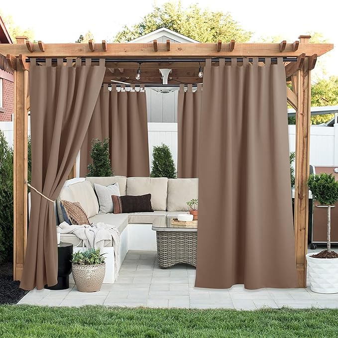 NICETOWN Outdoor Curtainss for Patio Waterproof, Self-Stick Tab Top Blackout Indoor Outdoor Dividers Wind Resistant Thermal Insulated Slider for Porch & Pergola, 52" Wide by 120" Long, Tan, 2 Pieces