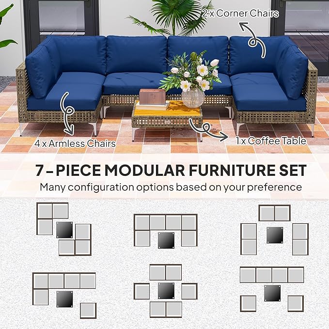 Outsunny 7 Piece Wicker Patio Furniture Set, Modular Outdoor Sectional with Thickened Cushions, Rattan Outdoor Furniture Conversation Set with Slatted Acacia Wood Table for Backyard, Brown/Dark Blue