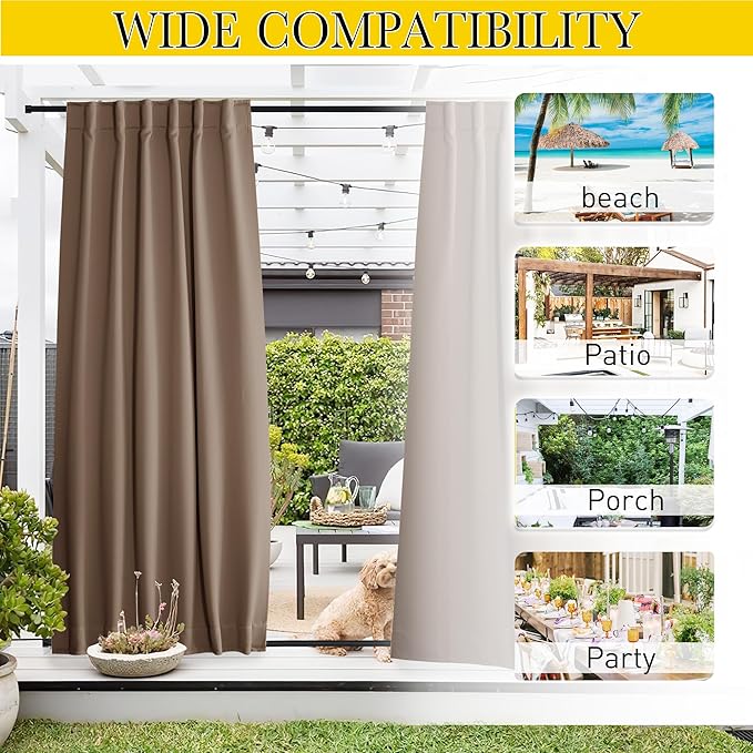NICETOWN 2 Panels Outdoor Curtains for Patio Waterproof Top & Bottom Pocket & Back Tab, Blackout Outdoor Drapes with Rope for Fixed Windproof Keep Privacy & Warm for Porch, W52 x L95, Tan-Khaki