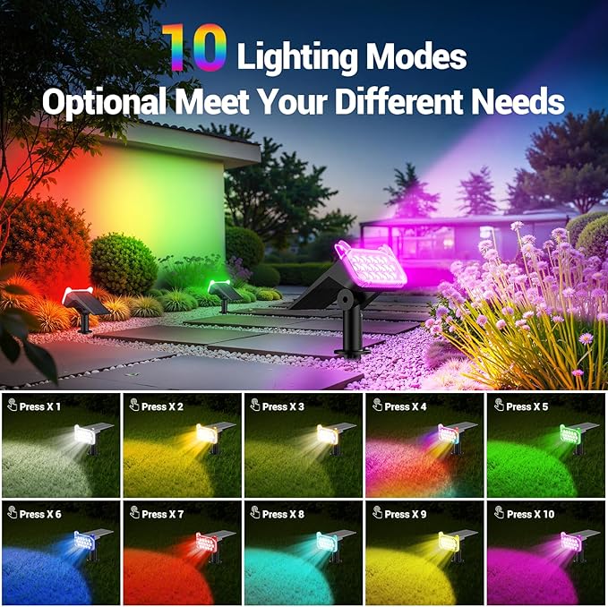 WdtPro 2 Pack Solar Color Changing Spot Lights, 10 Lighting Modes Solar Lights Outdoor Waterproof, Multicolor RGB Outdoor Lights, 9 Colors Auto Cycling Landscape Spolights for Yard Garden Decoration