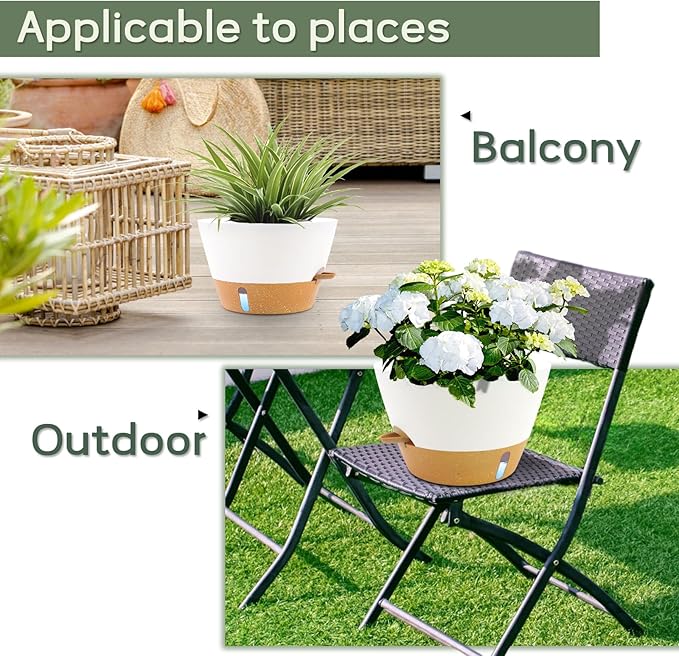 12-Inch Self Watering Planters with Drainage Holes, Large Flower Pots for Indoor Outdoor Plants, Garden Pots White 3 Pack