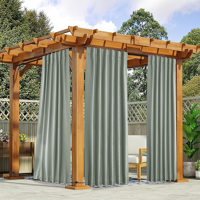 NICETOWN 2 Panels Outdoor Curtains for Patio Waterproof 108 inches Long, Windproof Thermal Insulated Top & Bottom Pocket & Back Tab Blackout Drapes with Rope for Fixed, Sage Green, W52 x L108