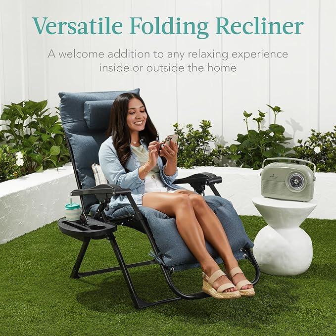 Best Choice Products Oversized Zero Gravity Chair, Folding Outdoor Patio Recliner, XL Anti Gravity Lounger w/Removable Cushion, Cup Holder, Side Tray, 350lb Capacity - Pink