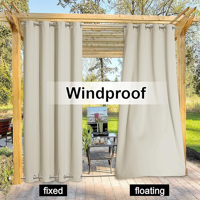 NICETOWN Waterproof Patio Outdoor Curtain and Drape Extra Wide, Thermal Insulated Top and Bottom Grommet Keep Sun & Rain Out Public Divider for Porch/Arbor, Beige, 1 Panel, W100 by L95