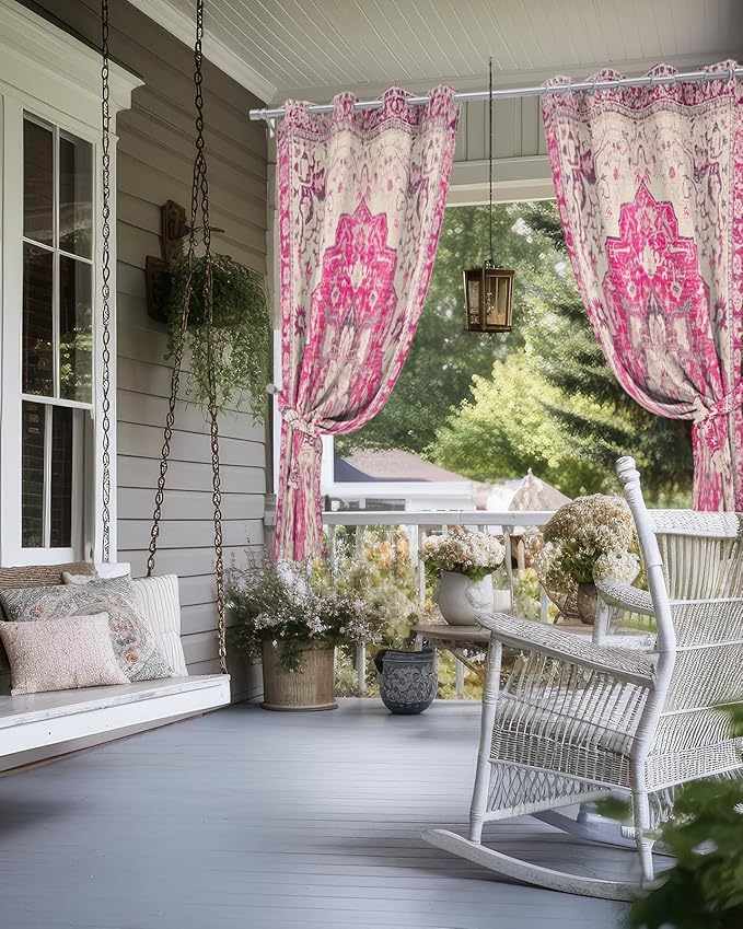 Pink Bohemian Outdoor Curtains for Patio Waterproof, Grommet Privacy Curtain Drapes Weatherproof Outside Curtains for Porch GazeboPergola Cabana 2 Panel 54x108inch Medallion Floral Geometric Printed
