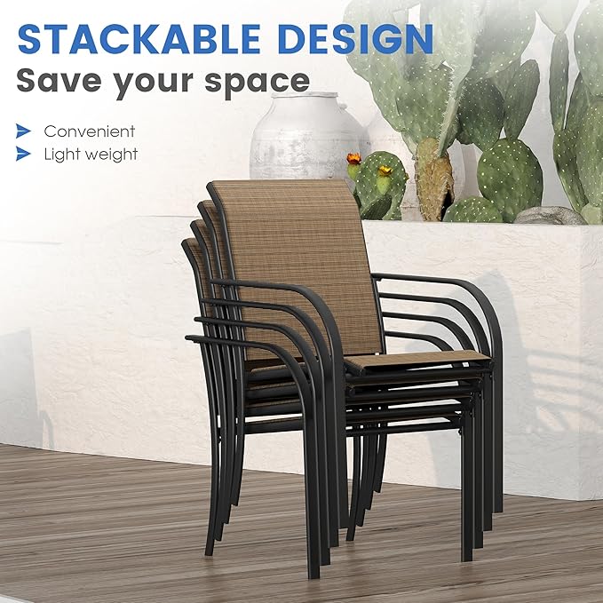 VICLLAX Patio Table and Chair Set of 6, All Weather Metal Round Outdoor Dining Furniture Set-50 Round Outdoor Table and Chairs, Walnut Wood Grain Tabletop