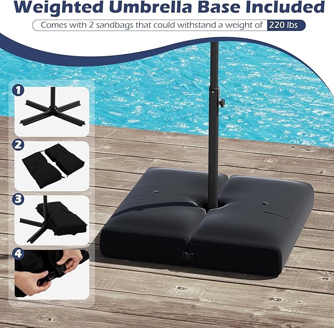 Tangkula 10ft Solar LED Patio Umbrella with Base, Offset Cantilever Outdoor Umbrella with 32 LED Lights, Infinite Tilt, 360 Degree Rotation, Crank Handle for Pool Deck Garden Backyard (Navy)