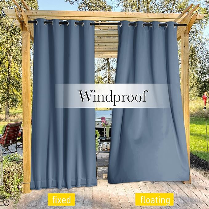 NICETOWN 2 Panels Gazebo Curtains Outdoor Waterproof & Windproof, Top & Bottom Grommet with Back Tab Wind-Break Outdoor Dividers Blackout Blinds with Fixed Rope for Patio, Stone Blue, W52 x L95