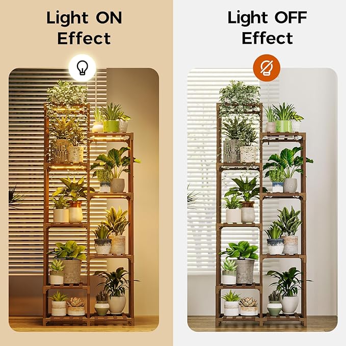 Bamworld Plant Stand with Grow Light Tall Plant Shelf for Mutiple Pots Large Wood Plant Holder Rack for Patio Living Room Balcony Warm Light