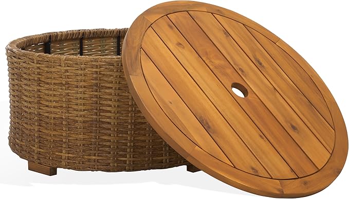 SAFAVIEH Couture Collection – Anguilla Faux Wicker Indoor/Outdoor Storage Coffee Table, Fully Assembled, Natural Brown Patio Accent Table with Removable Wood Top (CPT2103A)