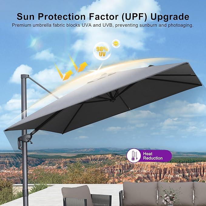 PURPLE LEAF 9 FT Cantilever Patio Umbrella with Base Outdoor Aluminum Offset Square Umbrella with 3 Years Fade Resistance Recycled Fabric and 360-degree Rotation for Deck Pool Garden, Mist Grey