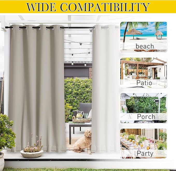 NICETOWN 2 Panels Gazebo Curtains Outdoor Waterproof & Windproof, Top & Bottom Grommet with Back Tab Wind-Break Outdoor Drapes Blackout Blinds with Fixed Rope for Patio, Natural, W52 x L95