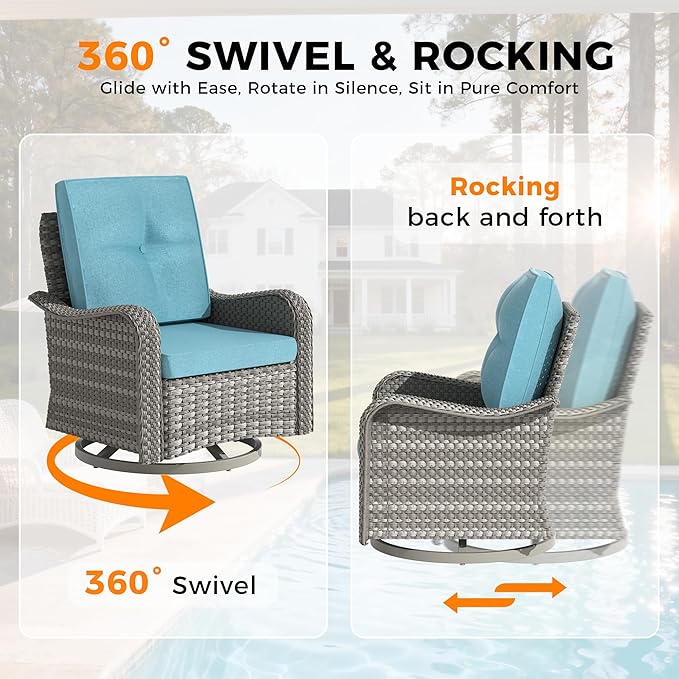 10-Seat Outdoor Wicker Patio Furniture Set with Fire Pit Table, Modular Rattan Sectional Sofa & 2 Swivel Rocking Chairs, 4" Thick Cushions, Rust-Resistant Frame,Blue