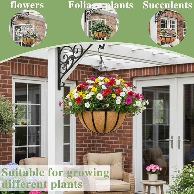 Black Flat Iron Metal Hanging Planter Basket with Coco Coir Liner(2 Pack, 16 Inch) Hanging Planters for Outdoor Plants Round Plant Flower Pots Hanging Flower Basket for Outdoor Patio Garden Decoration