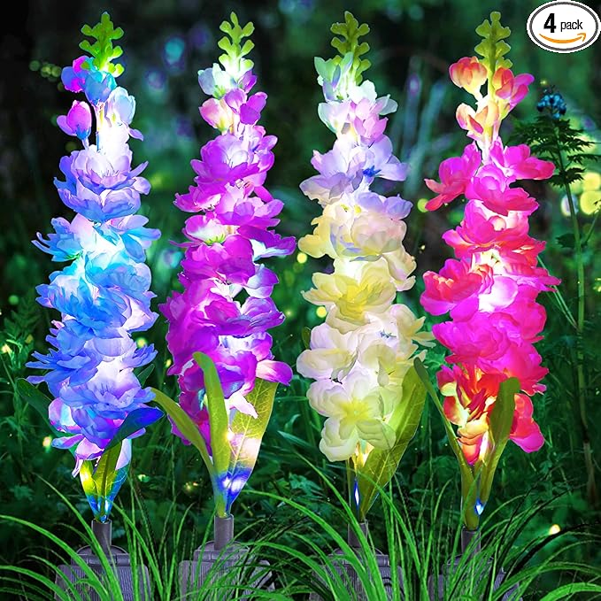 Solar Garden Lights, Solar Delphinium Flowers Lights 4 Pack 80 LEDs, Waterproof Outdoor Light Two Lighting Modes for Outside Wedding Party Garden Yard Patio Lawn Decor