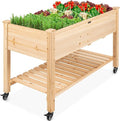 Best Choice Products Raised Garden Bed 48x24x32-inch Mobile Elevated Wood Planter w/Lockable Wheels, Storage Shelf, Protective Liner - Natural