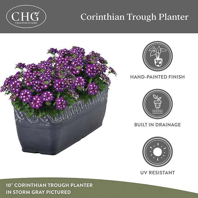 Classic Home and Garden Corinthian Rectangular Trough Window Box Planter, 10", Storm Gray, Pack of 3