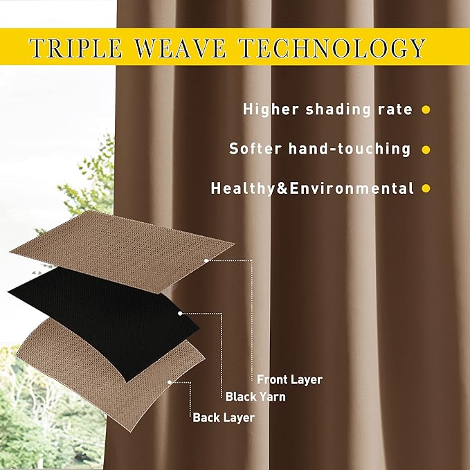NICETOWN 2 Panels Outdoor Curtains for Patio Waterproof & Windproof, Extra Wide Grommet & Back Tab on Top & Bottom Thermal Insulated Sun Blocking Drapes with Rope for Gazebo, Tan, W100 x L108