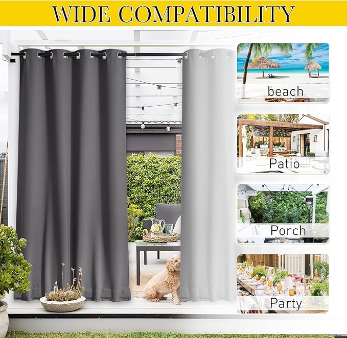 NICETOWN 2 Panels Weighted Blackout Curtains for Patio Waterproof, Grommet & Back Tab on Top & Bottom Windproof Blackout Outdoor Curtains for Porch with Bouns Rope for Fixed, Grey, W52 x L84