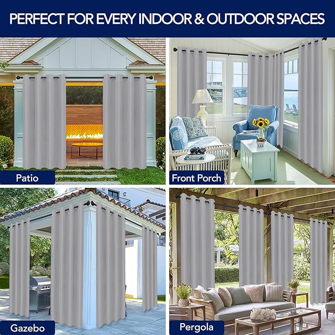 PureFit Outdoor Curtains for Patio Waterproof Weatherproof, UV Resistant Outside Curtains for Gazebo, Front Porch, Pergola, Sun Blocking Privacy Curtain, 52W x 84L inch, 1 Panel, Light Gray