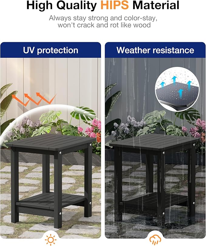 YEFU Outdoor Side Table for Patio: 16" HIPS Weather - Resistant Adirondack Tables Set of 2 - Small Square End Table for Backyard Living Room Bedroom - Indoor Outdoor Double Layer Table Dark Grey