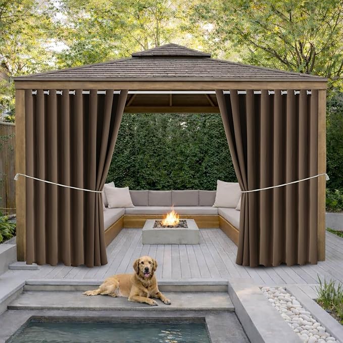 Outdoor Patio Curtain Waterproof Darkening Thermal Insulated Indoor Curtains for Bedroom, Porch, Living Room, Pergola, Cabana, W105 x L120 Extra Wide Room Divider, Set of 2 Panels, Brown