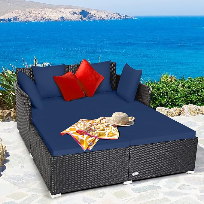 RELAX4LIFE Rattan Patio Outdoor Daybed, Wicker 2-Person Sunbed Loveseat with Soft Cushions, 4 Pillows, Curved Backrest & Armrest, Double Bed Lounger Sofa Set for Balcony Porch, Patio Bed (Navy)